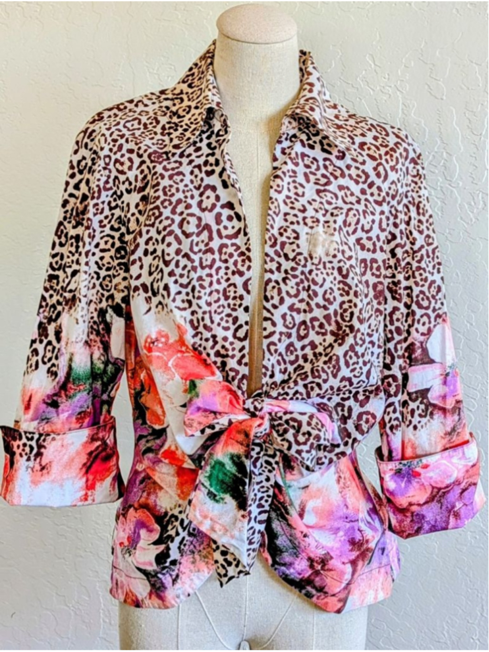 Boho Leopard Floral Tie Front Blouse Mixed Print Statement Top L